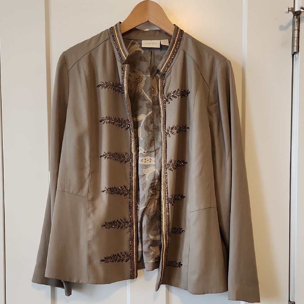 Chicos Fatigue Green Embellished Blazer